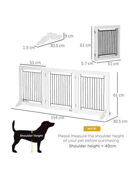 PawHut Foldable Pet Gate, with Three Panels & Two Support Feet - White