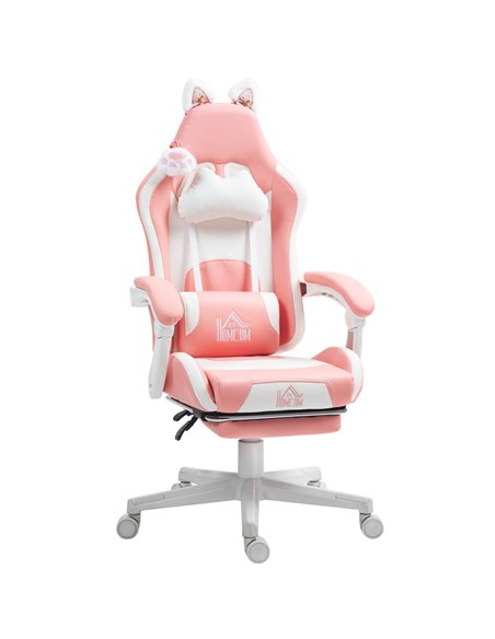 HOMCOM Cat Ear and Paw Reclining Office Chair, with Footrest - Pink/White