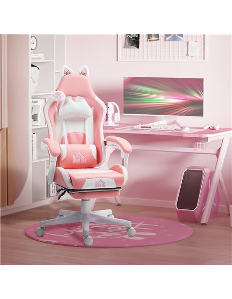 HOMCOM Cat Ear and Paw Reclining Office Chair, with Footrest - Pink/White