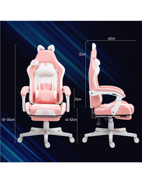 HOMCOM Cat Ear and Paw Reclining Office Chair, with Footrest - Pink/White