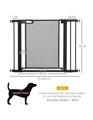 PawHut Pressure Fit Safety Gate, for Staircases, Hallways, Doorways w/ Extensions Kit, 75-103CM Adjustable Width - Black