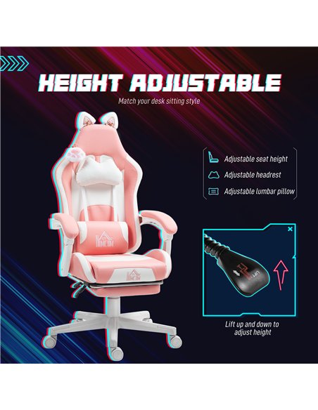 HOMCOM Cat Ear and Paw Reclining Office Chair, with Footrest - Pink/White
