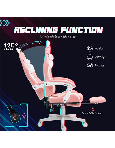 HOMCOM Cat Ear and Paw Reclining Office Chair, with Footrest - Pink/White