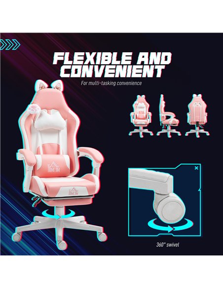 HOMCOM Cat Ear and Paw Reclining Office Chair, with Footrest - Pink/White