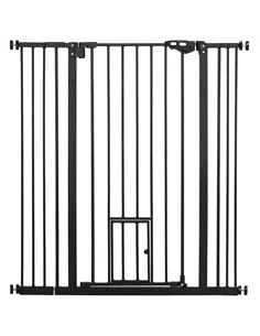 PawHut Extra Tall Pet Gate, Indoor Dog Safety Gate, with Cat Flap, Auto Close, 74-101cm Wide - Black