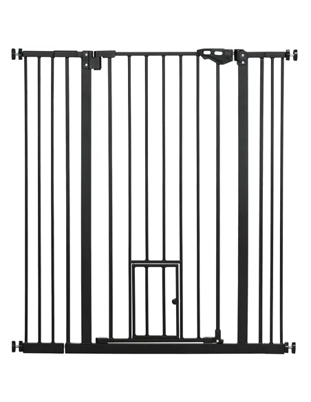PawHut Extra Tall Pet Gate, Indoor Dog Safety Gate, with Cat Flap, Auto Close, 74-101cm Wide - Black