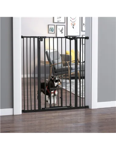 PawHut Extra Tall Pet Gate, Indoor Dog Safety Gate, with Cat Flap, Auto Close, 74-101cm Wide - Black