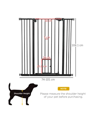 PawHut Extra Tall Pet Gate, Indoor Dog Safety Gate, with Cat Flap, Auto Close, 74-101cm Wide - Black