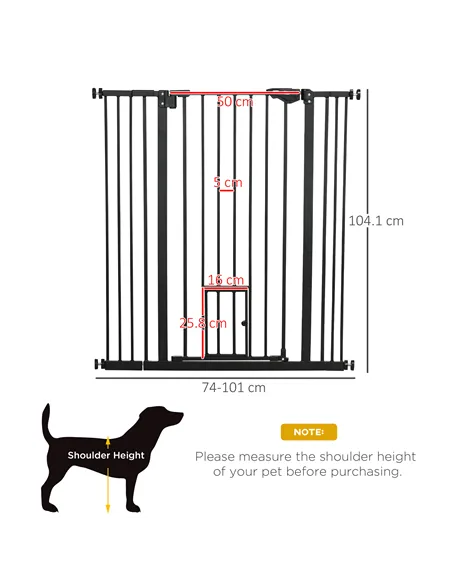 PawHut Extra Tall Pet Gate, Indoor Dog Safety Gate, with Cat Flap, Auto Close, 74-101cm Wide - Black