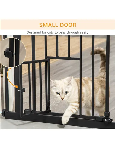PawHut Extra Tall Pet Gate, Indoor Dog Safety Gate, with Cat Flap, Auto Close, 74-101cm Wide - Black