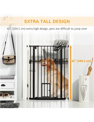 PawHut Extra Tall Pet Gate, Indoor Dog Safety Gate, with Cat Flap, Auto Close, 74-101cm Wide - Black
