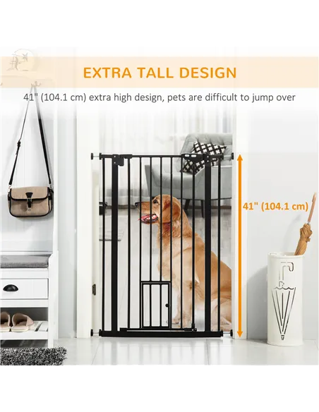 PawHut Extra Tall Pet Gate, Indoor Dog Safety Gate, with Cat Flap, Auto Close, 74-101cm Wide - Black