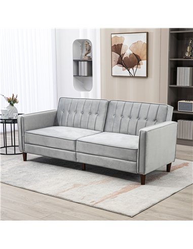 HOMCOM Modern Convertible Sofa Futon Velvet-Touch Tufted Couch Compact Loveseat with Adjustable Split Back, Light Grey