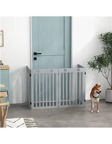 PawHut Wooden Pet Gate Foldable Freestanding Dog Safety Barrier w/ Support Feet, Grey