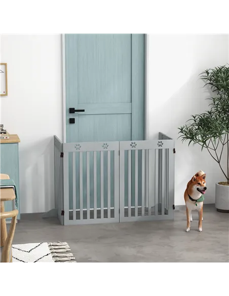 PawHut Wooden Pet Gate Foldable Freestanding Dog Safety Barrier w/ Support Feet, Grey