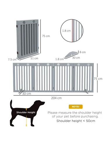 PawHut Wooden Pet Gate Foldable Freestanding Dog Safety Barrier w/ Support Feet, Grey