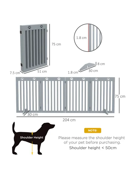 PawHut Wooden Pet Gate Foldable Freestanding Dog Safety Barrier w/ Support Feet, Grey