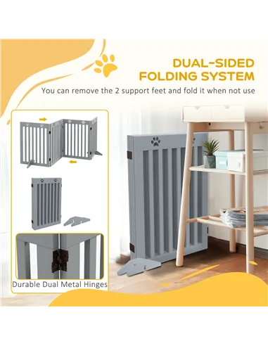 PawHut Wooden Pet Gate Foldable Freestanding Dog Safety Barrier w/ Support Feet, Grey