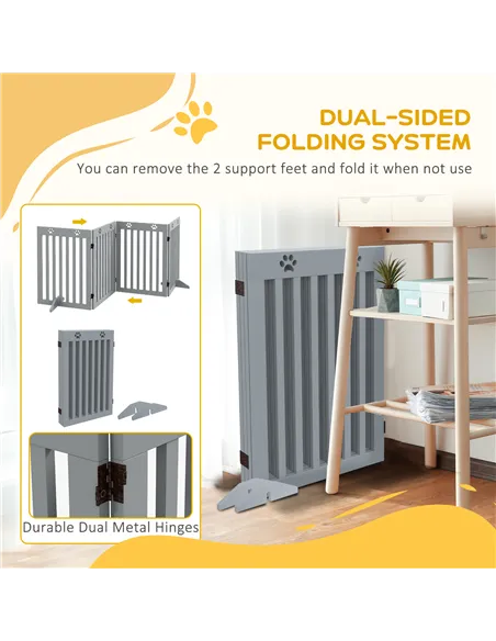 PawHut Wooden Pet Gate Foldable Freestanding Dog Safety Barrier w/ Support Feet, Grey
