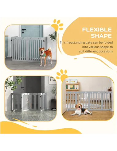 PawHut Wooden Pet Gate Foldable Freestanding Dog Safety Barrier w/ Support Feet, Grey