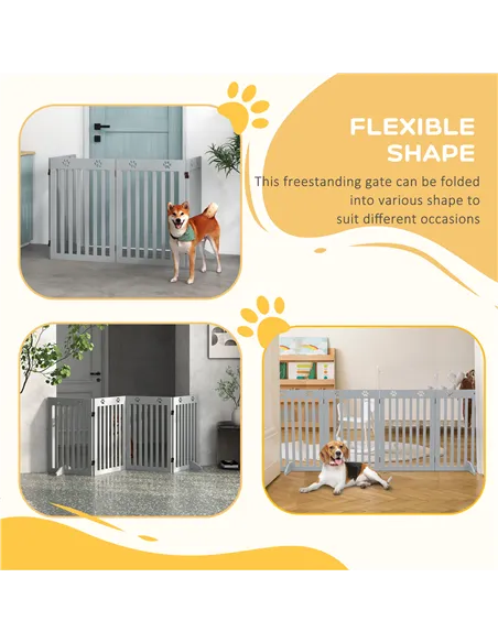 PawHut Wooden Pet Gate Foldable Freestanding Dog Safety Barrier w/ Support Feet, Grey