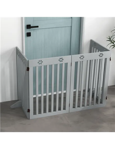 PawHut Wooden Pet Gate Foldable Freestanding Dog Safety Barrier w/ Support Feet, Grey