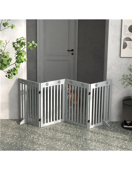 PawHut Wooden Pet Gate Foldable Freestanding Dog Safety Barrier w/ Support Feet, Grey