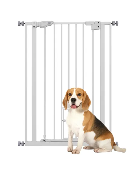PawHut Extra Tall Pet Gate, Indoor Dog Safety Gate, with Cat Flap, Auto Close, 74-80cm Wide - White
