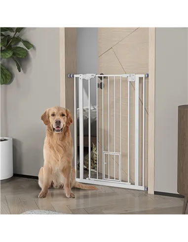 PawHut Extra Tall Pet Gate, Indoor Dog Safety Gate, with Cat Flap, Auto Close, 74-80cm Wide - White