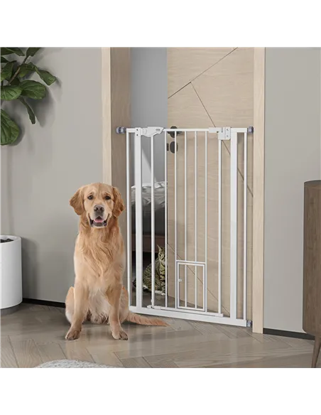 PawHut Extra Tall Pet Gate, Indoor Dog Safety Gate, with Cat Flap, Auto Close, 74-80cm Wide - White