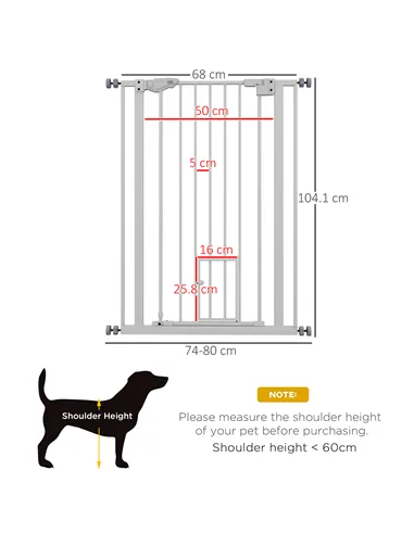 PawHut Extra Tall Pet Gate, Indoor Dog Safety Gate, with Cat Flap, Auto Close, 74-80cm Wide - White