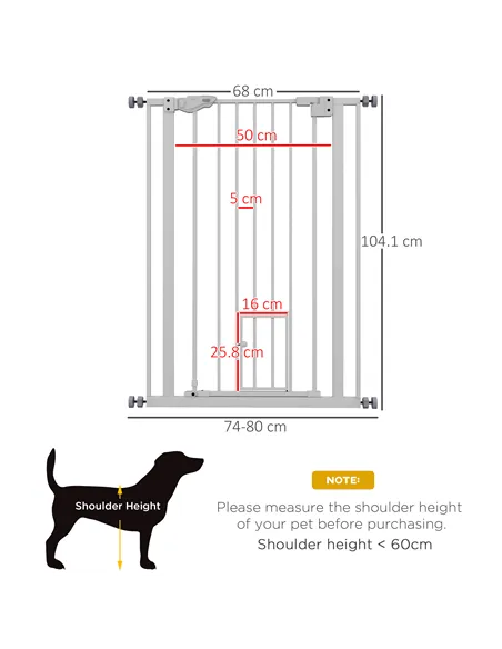 PawHut Extra Tall Pet Gate, Indoor Dog Safety Gate, with Cat Flap, Auto Close, 74-80cm Wide - White