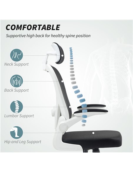 HOMCOM Executive Office Chair, Ergonomic Mesh High Back Desk Chair with Flip-up Armrest, Rotatable Headrest, Adjustable Lumbar S