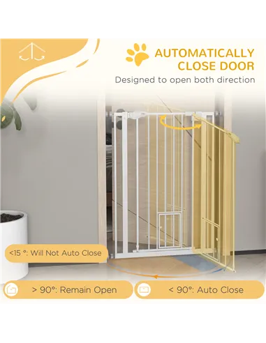 PawHut Extra Tall Pet Gate, Indoor Dog Safety Gate, with Cat Flap, Auto Close, 74-80cm Wide - White