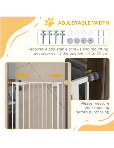 PawHut Extra Tall Pet Gate, Indoor Dog Safety Gate, with Cat Flap, Auto Close, 74-80cm Wide - White
