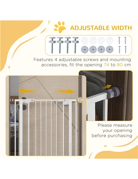 PawHut Extra Tall Pet Gate, Indoor Dog Safety Gate, with Cat Flap, Auto Close, 74-80cm Wide - White