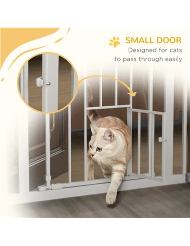 PawHut Extra Tall Pet Gate, Indoor Dog Safety Gate, with Cat Flap, Auto Close, 74-80cm Wide - White