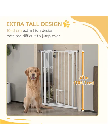 PawHut Extra Tall Pet Gate, Indoor Dog Safety Gate, with Cat Flap, Auto Close, 74-80cm Wide - White