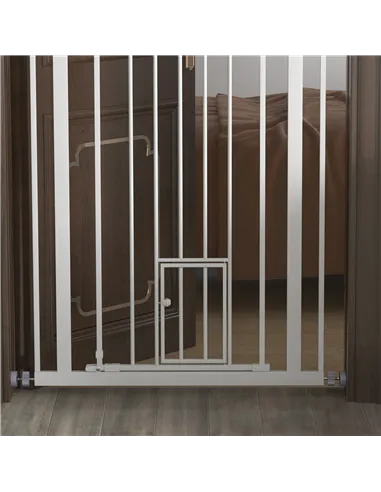 PawHut Extra Tall Pet Gate, Indoor Dog Safety Gate, with Cat Flap, Auto Close, 74-80cm Wide - White