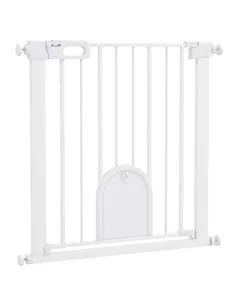 PawHut 75-82cm Pet Safet Gaye, Pressure Fit Stair, with Cat Flap, Double Locking, White