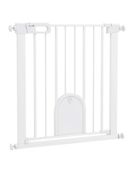 PawHut 75-82cm Pet Safet Gaye, Pressure Fit Stair, with Cat Flap, Double Locking, White