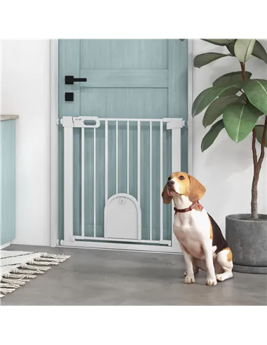 PawHut 75-82cm Pet Safet Gaye, Pressure Fit Stair, with Cat Flap, Double Locking, White