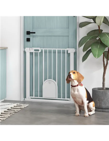 PawHut 75-82cm Pet Safet Gaye, Pressure Fit Stair, with Cat Flap, Double Locking, White