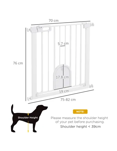 PawHut 75-82cm Pet Safet Gaye, Pressure Fit Stair, with Cat Flap, Double Locking, White