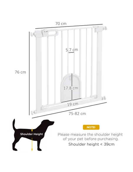 PawHut 75-82cm Pet Safet Gaye, Pressure Fit Stair, with Cat Flap, Double Locking, White