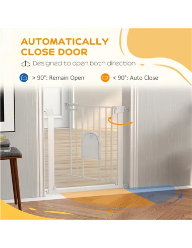 PawHut 75-82cm Pet Safet Gaye, Pressure Fit Stair, with Cat Flap, Double Locking, White