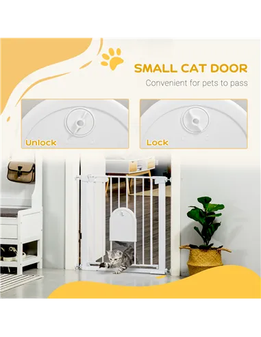 PawHut 75-82cm Pet Safet Gaye, Pressure Fit Stair, with Cat Flap, Double Locking, White