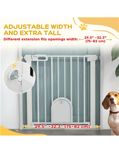 PawHut 75-82cm Pet Safet Gaye, Pressure Fit Stair, with Cat Flap, Double Locking, White