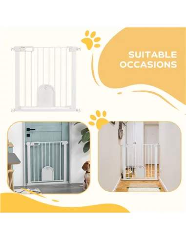 PawHut 75-82cm Pet Safet Gaye, Pressure Fit Stair, with Cat Flap, Double Locking, White