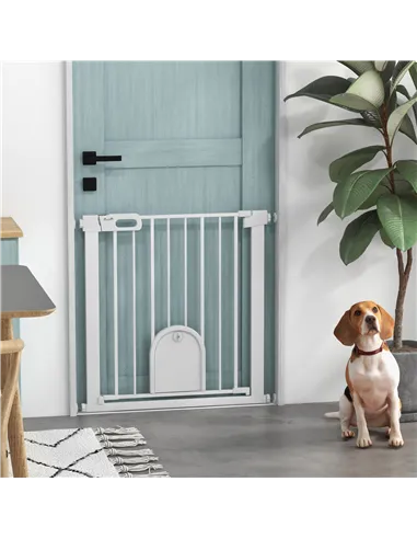 PawHut 75-82cm Pet Safet Gaye, Pressure Fit Stair, with Cat Flap, Double Locking, White